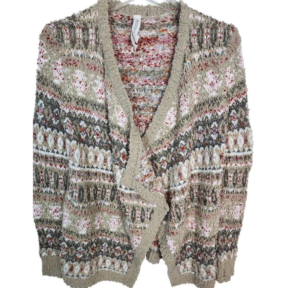 Aeropostale Womens‎ Fair Isle Popcorn Knit Open Front Cardigan Beige Pink Small